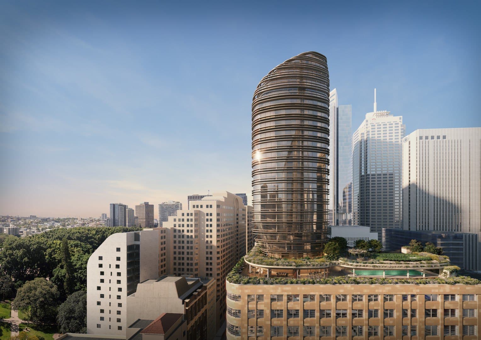 Curved glass residential tower at 111 Castlereagh above the Sydney CBD